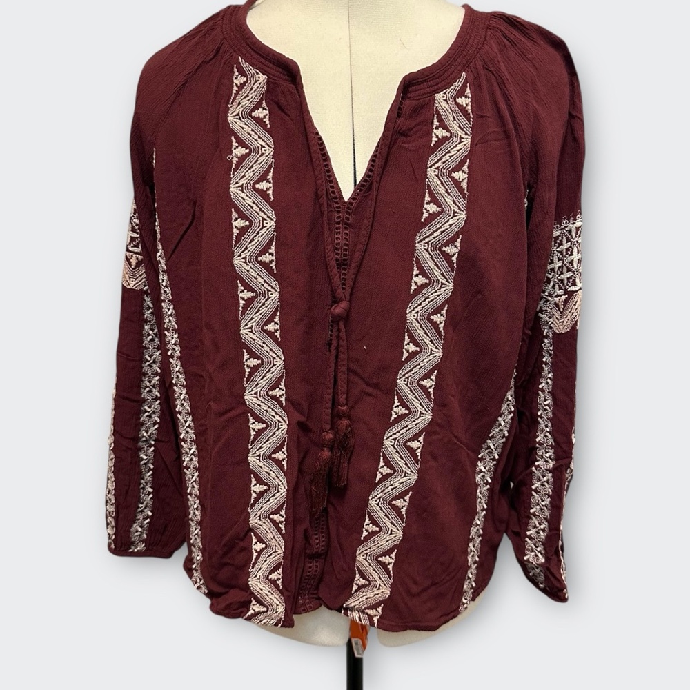 AMERICAN EAGLE Burgundy Peasant Blouse M Boho Top Cottagecore Festival Casual - Picture 2 of 11